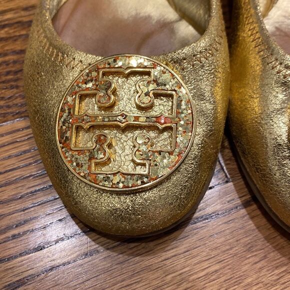 Authentic Tory Burch Gold Glitter Reva Flats size 7 - Picture 2 of 5